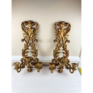 Vintage Burwood Gold Wall Sconces Pair Hollywood Regency 3-Light 1976 20in MCM